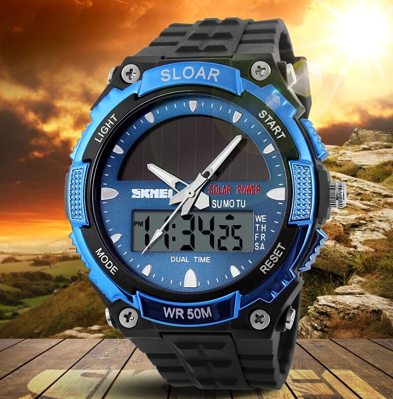 2018 New Solid Watches Men Clock Resin Atomic Solar Sports Watch 2 Time Zone Digital Led Quartz Men Wristwatches Military Watch