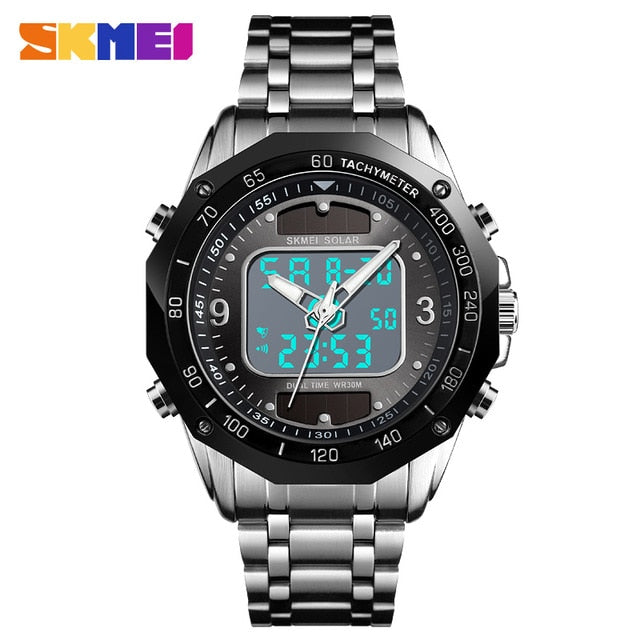 Men's Watches Solar Sports Digital Quartz Watch Men Clock Full Steel Waterproof LED Wrist Watch relogio masculino 2019 SKMEI